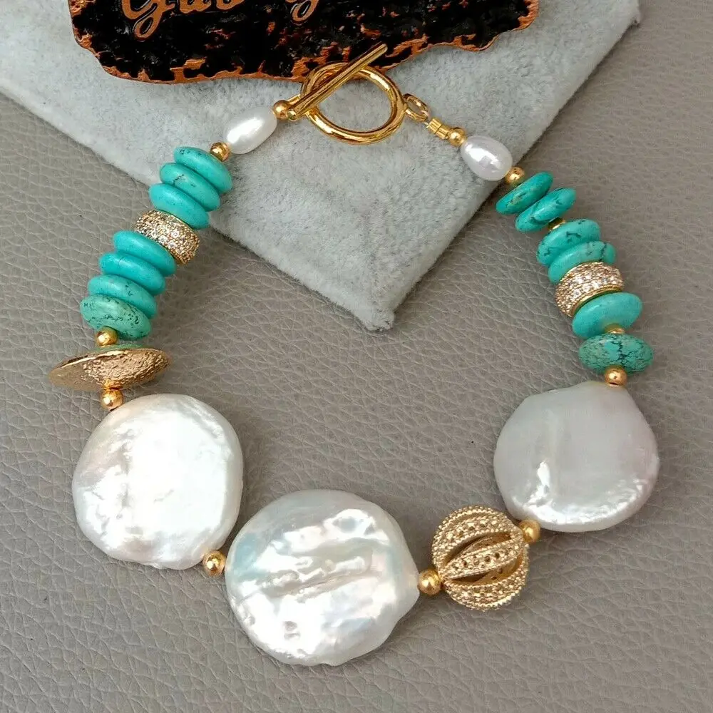 

8" Freshwater White Keshi Pearl Blue T1urquoise Bracelet For Women