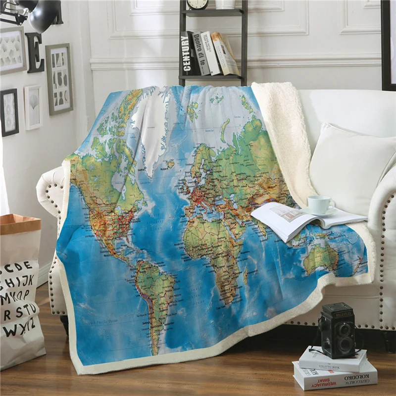 

World Map Throw Blanket Sherpa Fleece Super Soft Warm Winter Bedspread Blanket Plush Bed Cover For Children Kid Adult Sofa Couch