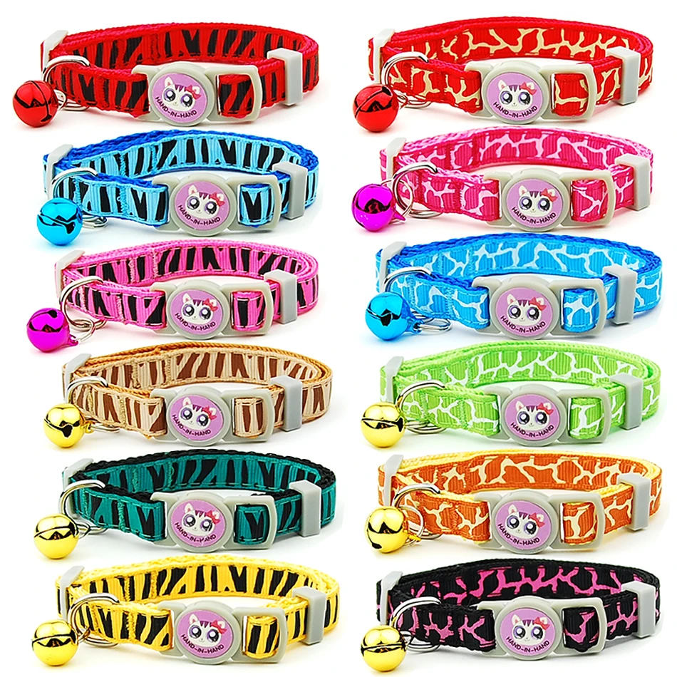Cat Collar With Bell Breakaway Safety Adjustable Pet Supplies Cat Collar Kitten Stripe Print Puppy Cats Necklace Pet Accessories