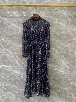 

2020 Early Spring New Model Fashionable Elegant Long Sleeve Flowers Printed A-line Women Dress Free Shipping Worldwide
