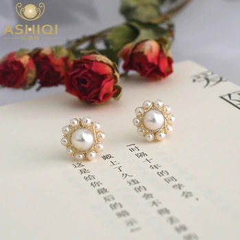 

ASHIQI Natural Freshwater Pearl Sun Flower Handmade Earrings for Women Wedding 925 Sterling Silver Fashion Jewelry 2020 New