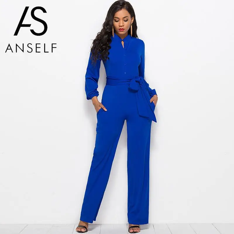 

ANSELF Fashion Dungarees Wide Leg Long Pants Jumpsuit Women Solid High Neck Long Sleeve Overalls Slim Belted Rompers Playsuit