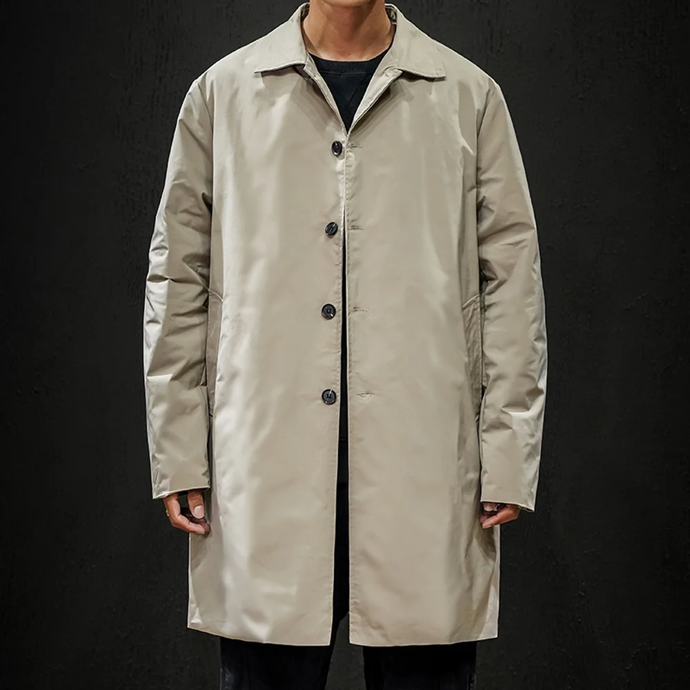 Мужская одежда, однобортный Тренч средней длины, мужское одноцветное пальто цвета хаки, ветровка размера плюс 5XL, пальто