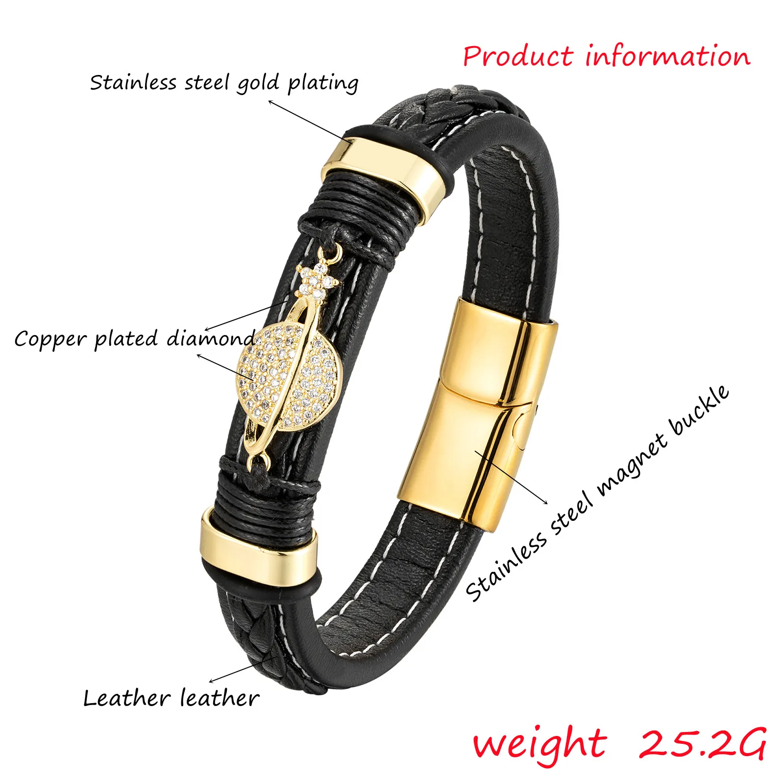 New Niche Design Neutral Polar Star Ball Shape Copper Gold-Plated 316 Stainless Steel Leather Cord Bracelet With Diamonds