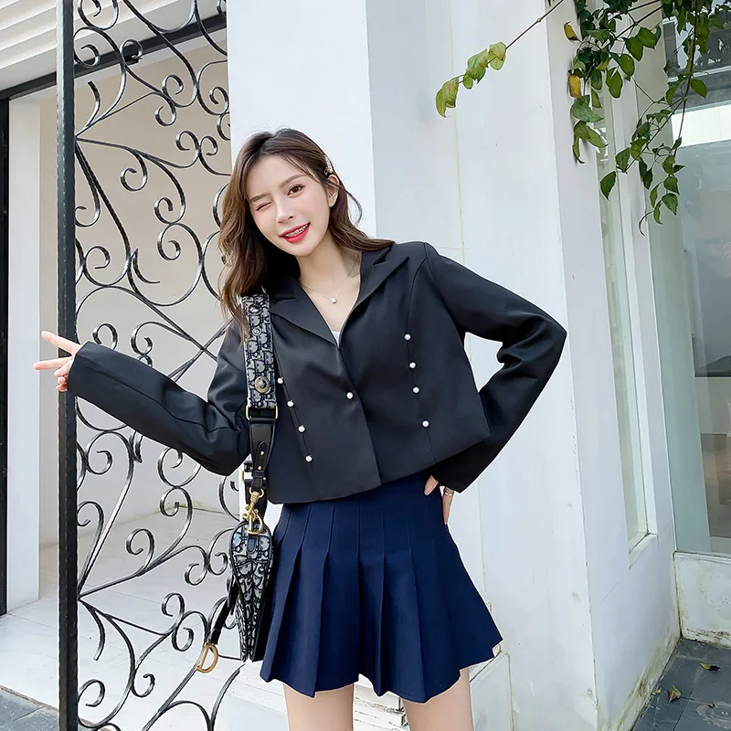 

Photo Shoot 2019 Autumn New Style Black And White with Pattern Small Suit Fashion Decoration Pearl Clasp Korean-style Short Jack