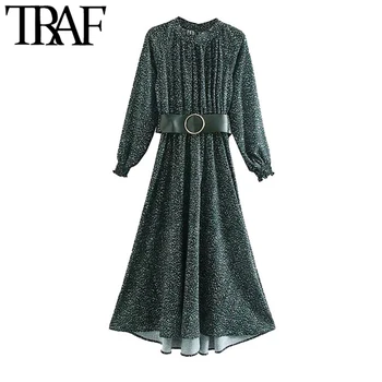 

TRAF Women Chic Fashion Printed With Belt Maxi Dress Vintage Stand Collar Long Sleeve Female Dresses Vestidos Mujer