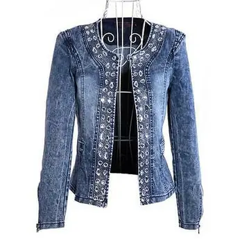 

Womens Top Jacket Rhinestones Crystal Sequins O-neck Denim Jeans Blazers Coat Outwear Slim Fit W19