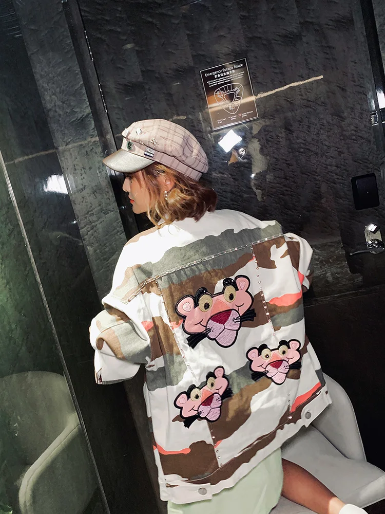 7Mang 2019 Autumn Women Streetwear Camouflage Jeans Jackets Novelty Cartoon Leopard Party Loose Denim 0903 | Женская одежда