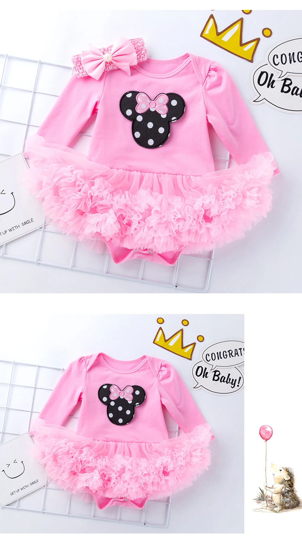 0-2 Year Old Baby Long Sleeve Pink Romper Dress Eead Wear Two Pieces