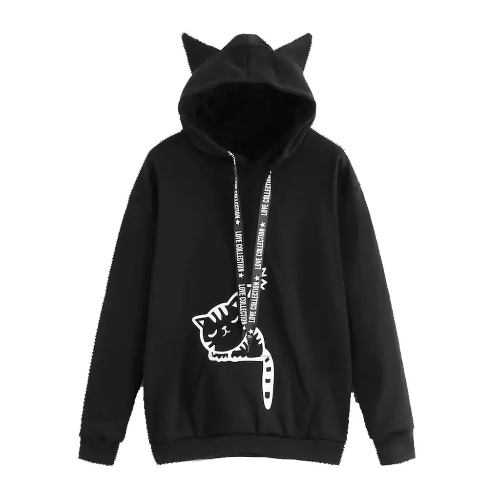 

Cat Cartoon Print Womens Long Sleeve Hoodie Black Letter Print Drawstring Hooded Sweatshirt Harajuku Kawaii Pullover Tops #Y3