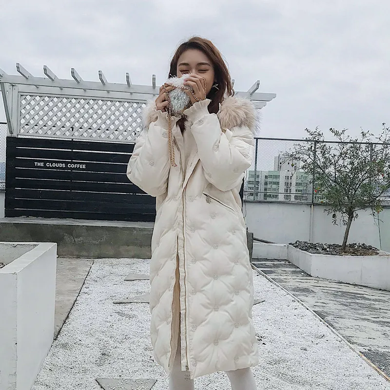 

Dongdaemun over-the-Knee Cotton Coat Women's 2018 New Style Snowflake Embroidered Mid-length Cotton-padded Jacket Large Fur Coll
