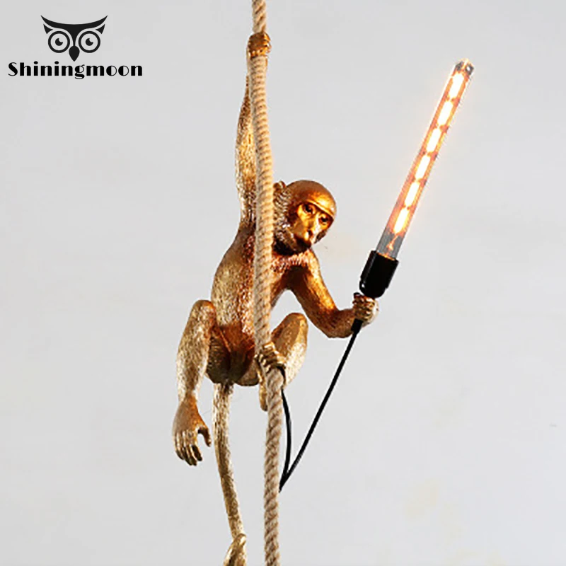 

Modern Monkey Lamp Living Room Decoration Hemp Rope Pendant Lights Resin Colorful Loft Industrial Home Decor HangLamp Luminaire