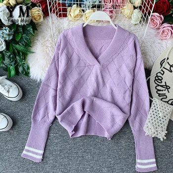 

YuooMuoo New 2019 Autumn Hollow Out Elegant V Neck Women Sweater Fashion Rhombus Knitted Pullover Chic Purple Sweater Jumper Top