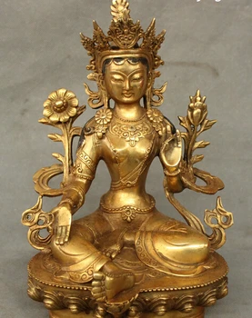 

xiuli 003446 11" Tibet Bronze Gilt Buddhism Lotus Green Tara Joss Kwan-yin Goddess Statue