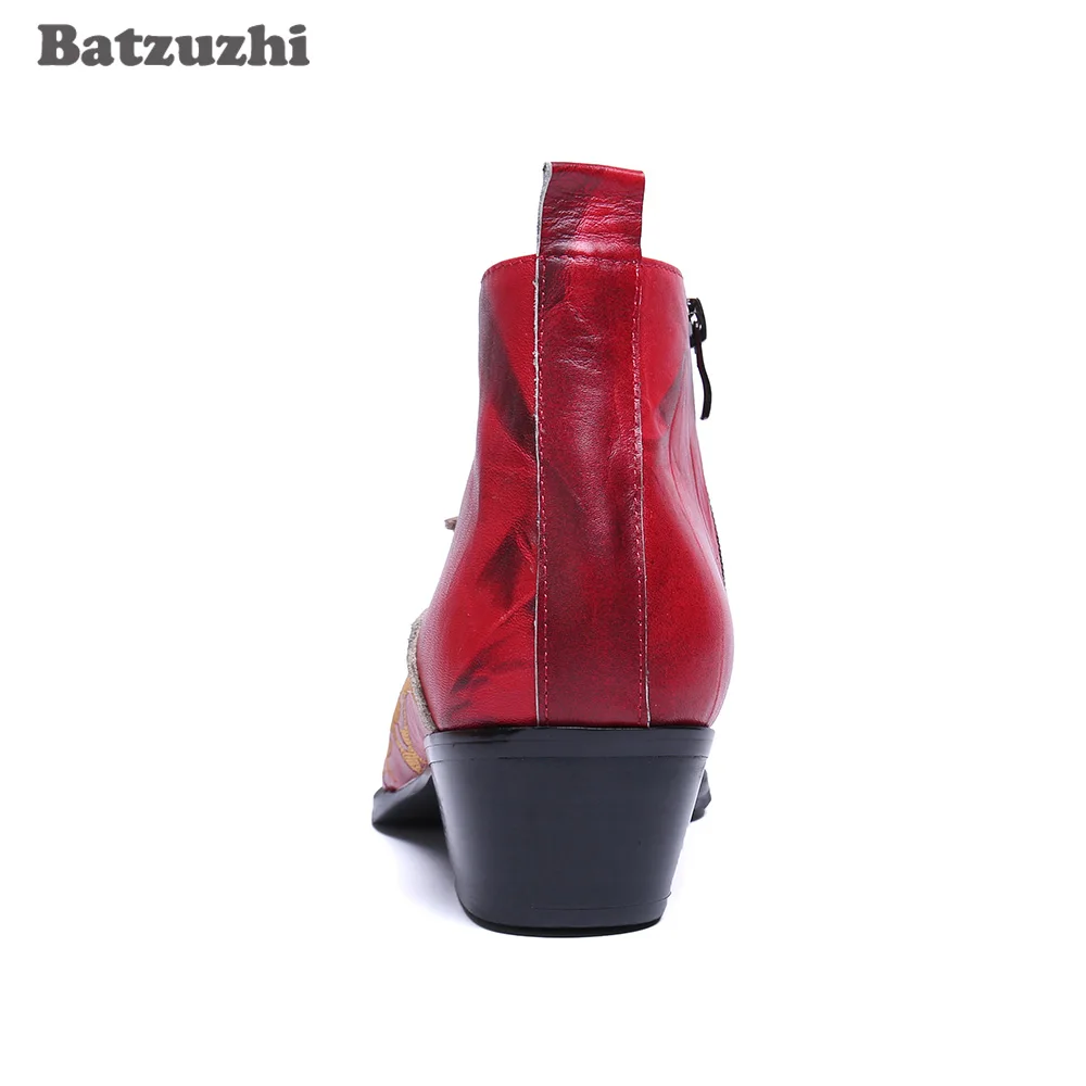 Batzuzhi 6.5cm Heels High Men Boots Shoes Fashion Handmade Leather Ankle Boots Men Red Party and Wedding Boots for Men Botas