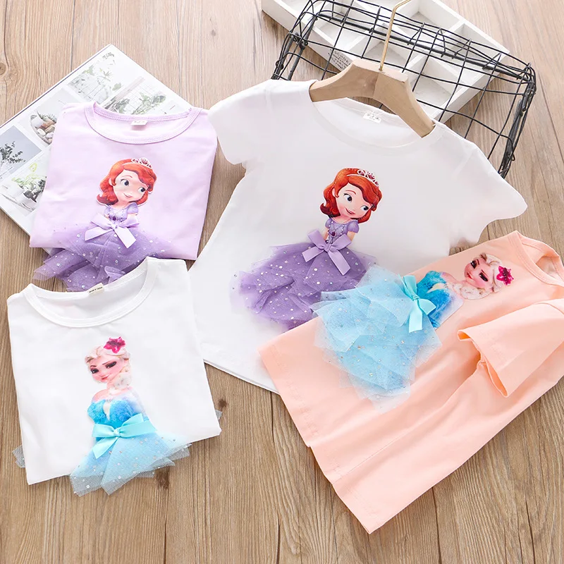 T-Shirt princesse d'été pour filles | Modèle 2020, Elsa Childen, en coton, T-Shirt en dentelle 3D Sofia application, T-Shirt de fête d'anniversaire pour enfant