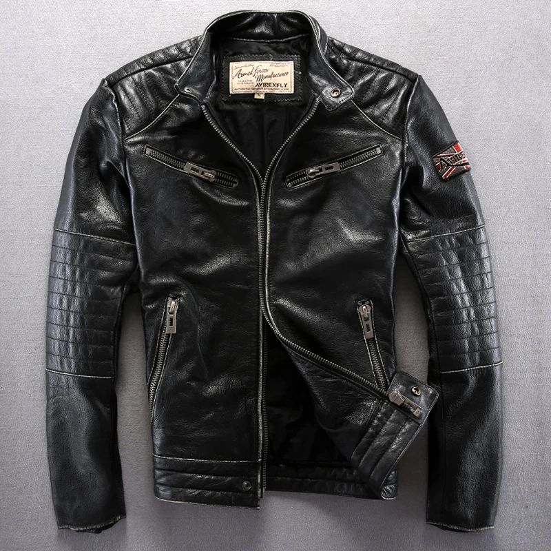 

AVIREX FLY Men's Vintage Genuine Leather Slim Fit Cowskin Motorcycle Biker Jacket For Men Black Coat