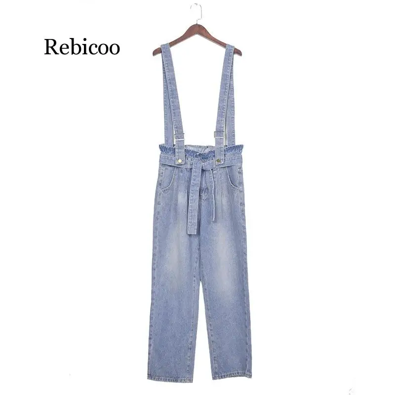 Suspender Jumpsuit Spaghetti Strap Romper Jeans Denim Pants Ruffles Tie Metal Buckle Overalls Bandage High Waist Trousers Suspender Jumpsuit Spaghetti Strap Romper Jeans Denim Pants Ruffles Tie Metal Buckle Overalls Bandage High Waist Trousers