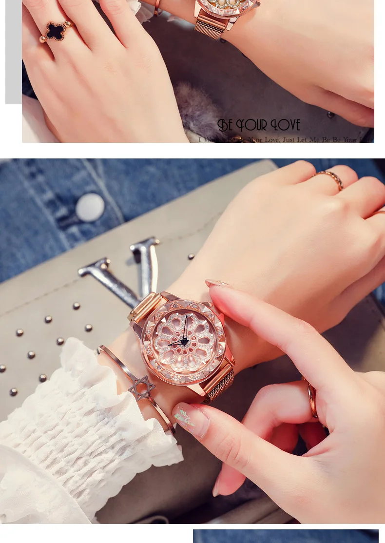 Роскошные счастливые женские часы-браслет розовое золото вращающиеся цветочные часы модные бриллиантовые женские кварцевые магнитные наручные часы