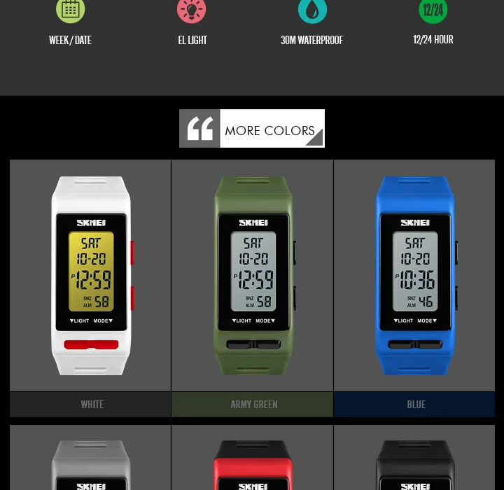 SKMEI Square Electronic Watch Women Men Digital Wristband Alarm Clock Life Waterproof Fashion Sport LED 12/24hour Clock 1362