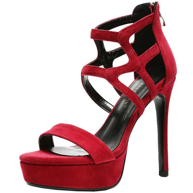 

Summer New Waterproof Table Thin Heel Sexy Hollow Open-toe Pumps Fashion Woman's Sandals Red Ankle Strap Ladies Shoe