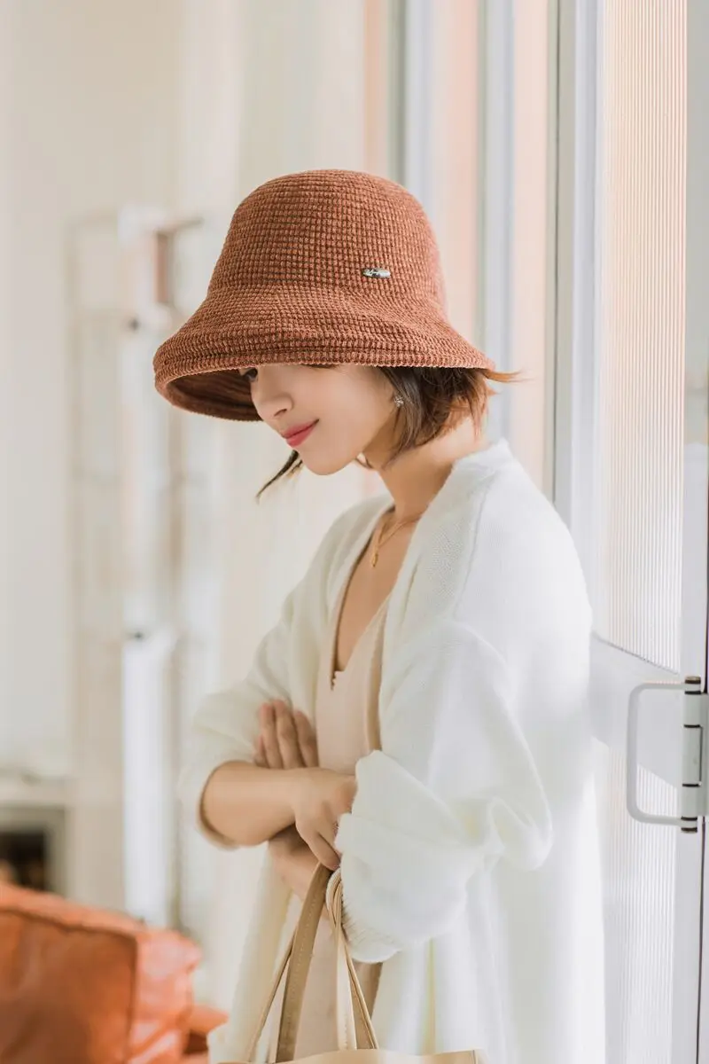Winter hat female wool knit hat Handmade Beanie Knitting Coarse Wool Bucket Cap Knitting Fisherman Hat Female Fashion Basin Buck