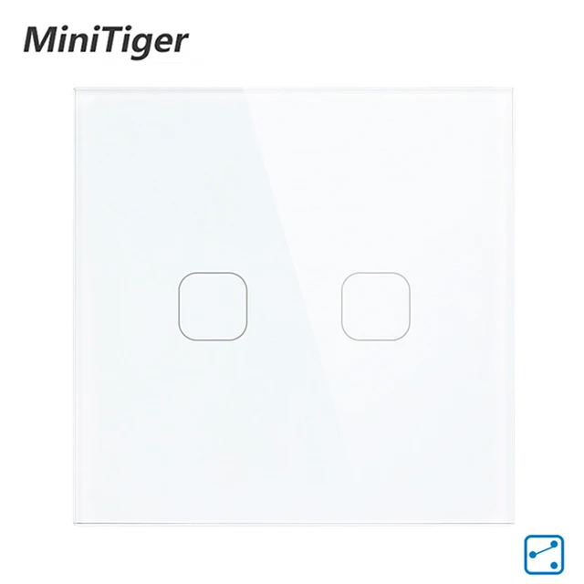 2 Gang 2 Way White Minitiger ЕС Стандартный сенсорный выключатель 1/2 банды 2 способ управления настенный выключатель света сенсорный экран, Хрустальная стеклянная панель, 170-240 В - Цвет: 2 Gang 2 Way White