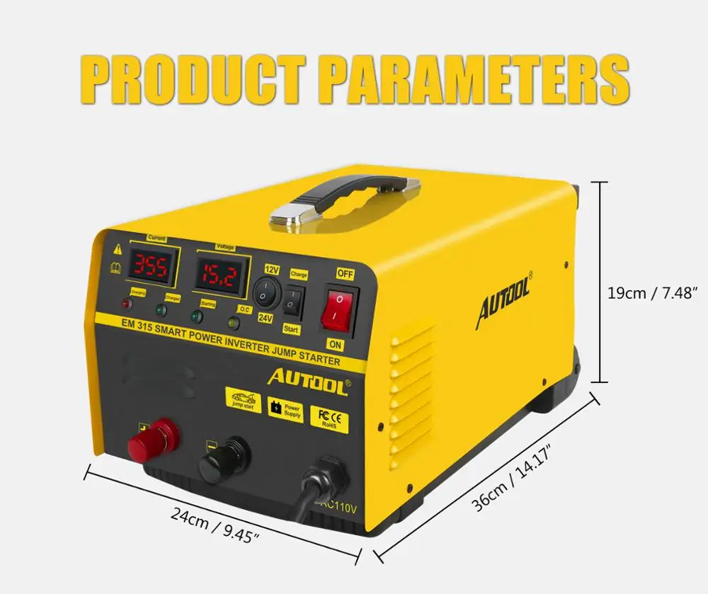 AUTOOL EM315 2 в 1 автомобиль скачок стартер 12/24V Quick Charge скрытый рычаг Авто Батарея Зарядное устройство с ЖК-дисплей Дисплей и соединительные кабели