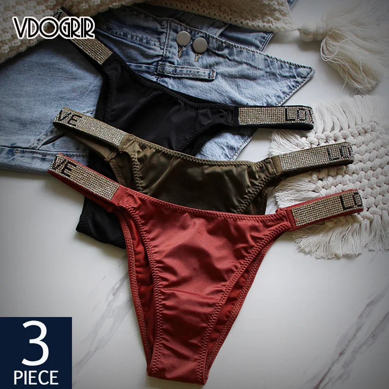 

VDOGRIR 3Pcs/lot Sexy Women Letter Rhinestones Thin Belt G-string Thongs Underwear Seamless Panties Low Rise Soft Lady Lingerie