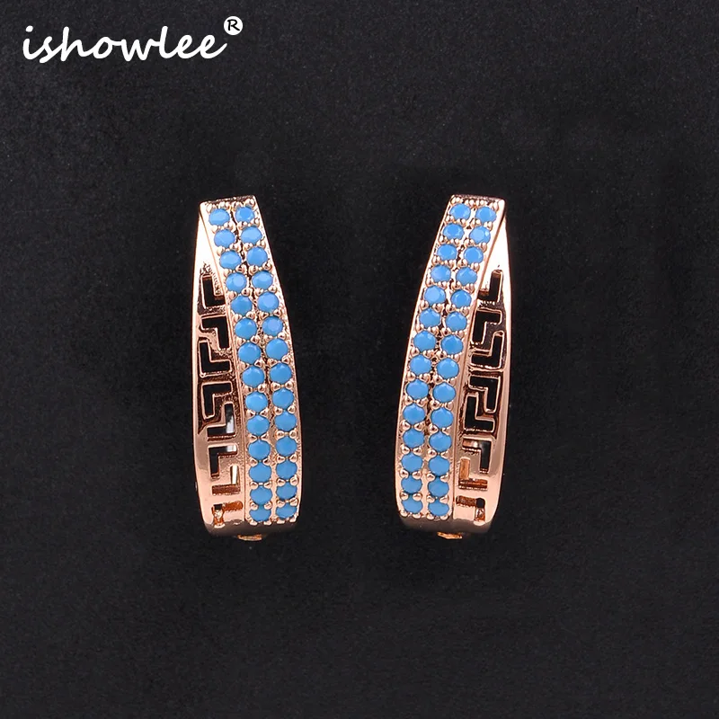

ISHOWLEE New Rose Gold 585 Blue Zircon Irregular Hollow Stud Earrings for Women Fashion Simple Party Earrings Luxe Jewelry esp80