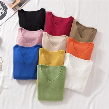 

Fashion Ladies Slim V Neck Autumn Winter Thin Knit Pullover Sweater Casual Top Women Pull Femme Long Sleeve Sweaters