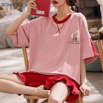 

Pajama Sets Women New Cotton Soft Printed Cartoon Summer Cool Breathable Simple Female Homewear Loose Leisure Oversize Nightwear