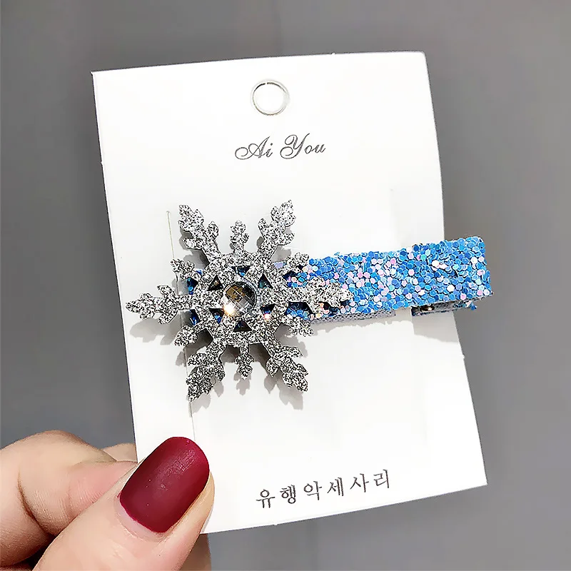 Snowflake Barrettes Рождественские снежинки, аксессуары для волос, хрустальные заколки для волос, женские зимние Галстуки для волос, для девочек, принцесса, заколки для волос, синие резинки для волос - Цвет: Snowflake Barrettes