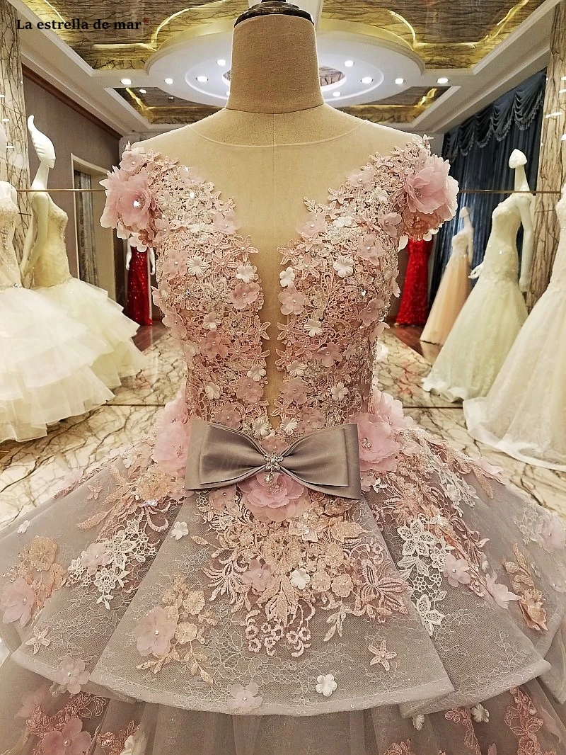 Свадебное платье принцессы, кружевное платье с круглым вырезом, 3 d, с цветами, с бисером, с короткими рукавами, розовое, серебряное, дубайское, с блестками, Пышные свадебные платья