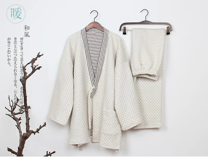 Japanese Traditional Tether Style Loose Pajamas Set Winter Men's Sleep & Lounge Kimono Yukata Bathrobe Sweat Steam Home Clothes men's cotton pyjamas