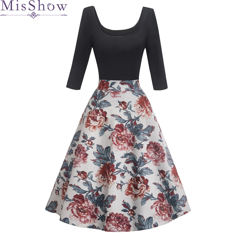 

Women Floral Pink Cheap Dress Scoop Vintage 2019 Casual Elegant Print Party Black Dress For Women In Stock Free Fast Shipping