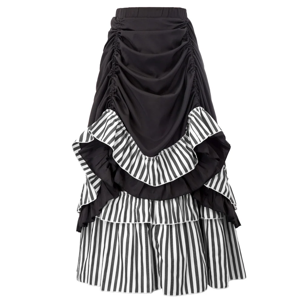 Black Black Stripe SD Женская Ретро Юбка стимпанк викторианская эластичная талия плиссированная юбка Регулируемая Длина Высокая талия Женская модная юбка - Цвет: Black Black Stripe