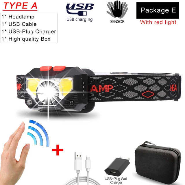 Powerful LED Headlight Sensor Head Light USB Rechargeable Headlamp Head Torch Waterproof for Camping Hiking Fishing Package E