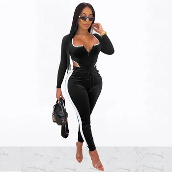 

Women Autumn Velvet Striped Side Patchwork Suit Square Collar Long Sleeve Hollow Out Top Sexy Slim Zipper Streetwear 2 Piece Set