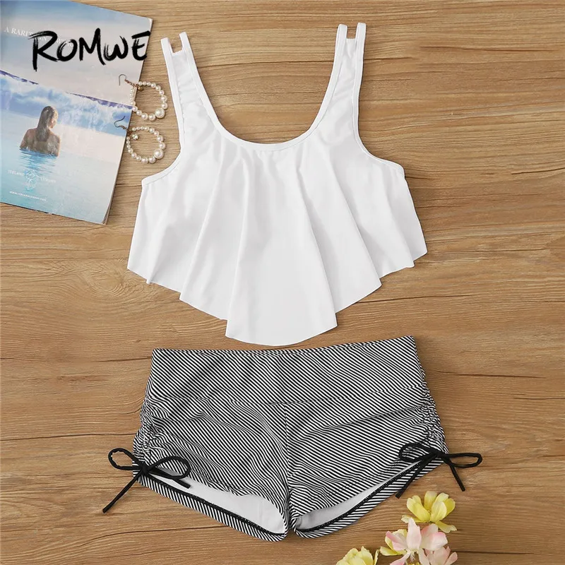 

Romwe Sporty 2pcs Hanky Hem Bikini Top With Striped Swim Shorts Women Summer Tankini Swimsuits Women Casual Shorts Bikini Set