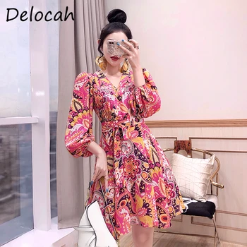 

Delocah Autumn Women Fashion Designer Party Short Dress Sexy V-Neck Bow Sashes Vintage Printed Ladies Bodycon Fit A-Line Dresses