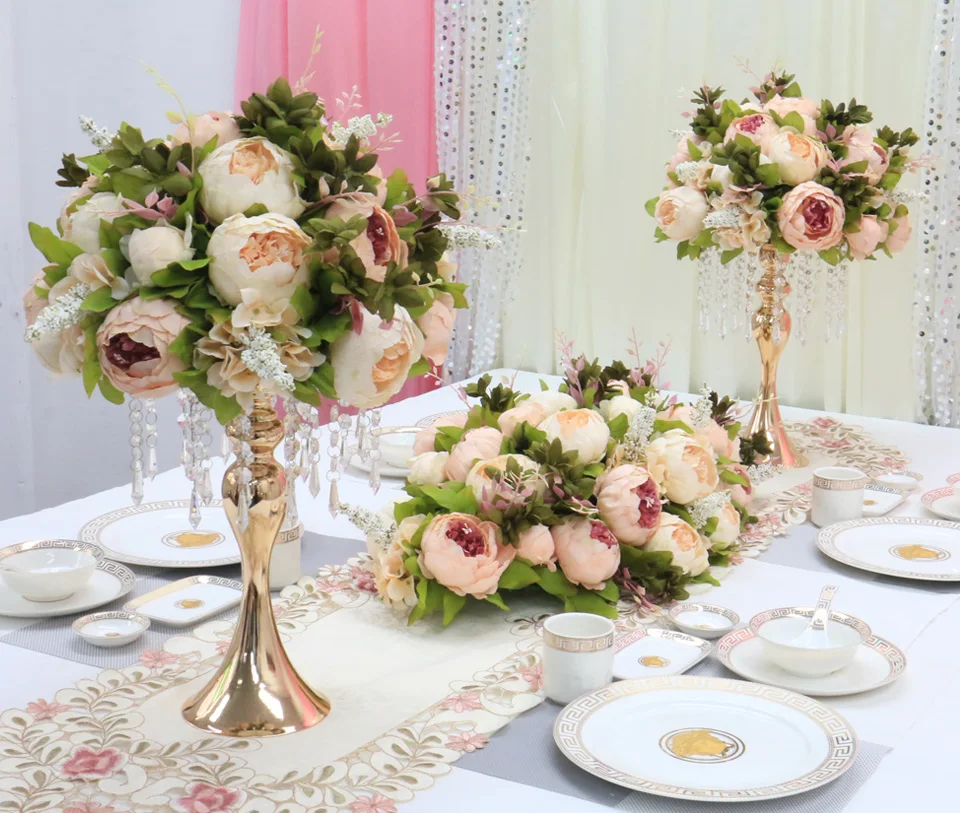 Custom luxury DIY wedding decor table flower runner artificial flower row arrangement table centerpieces rose peonies green leaf