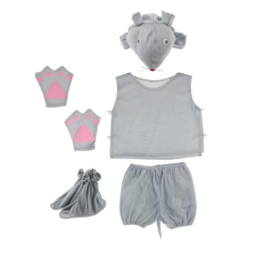 Kids Cartoon Mouse Cute Pajamas Child Funny Sleepwear Nightwear Animal Cosplay Costume 5 Pcs Set Photo Props Gray