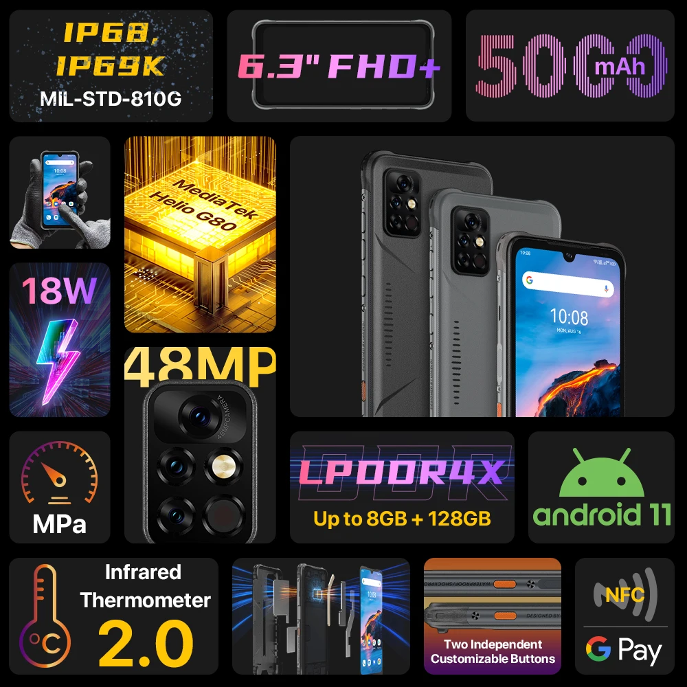 Umidigi-スマートフォン,Bison pro,128GB,6.3インチ,48MP,スマートフォン,トリプルカメラ,5000mAhバッテリー,FHD