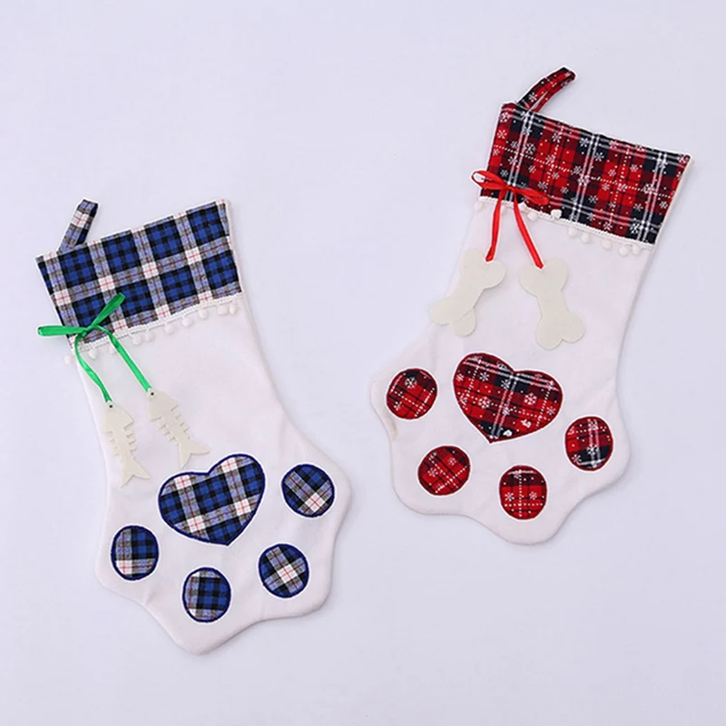 20*45cm Plaid Christmas Stocking New Year Gift Bag For Pet Dog Cat Christmas Goods Xmas Tree Hanging Ornaments Navidad