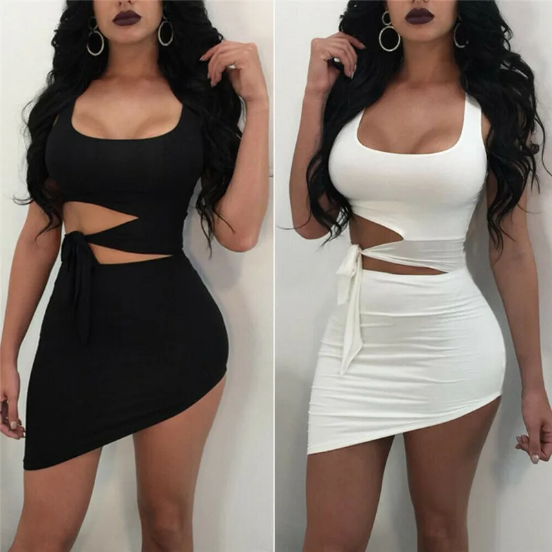 Fashion Women Sexy O-neck Hypotenuse Dress Hollow Out High Waist Package Hip Dress Evening Party Dress Lace-up Cut Off Dresses