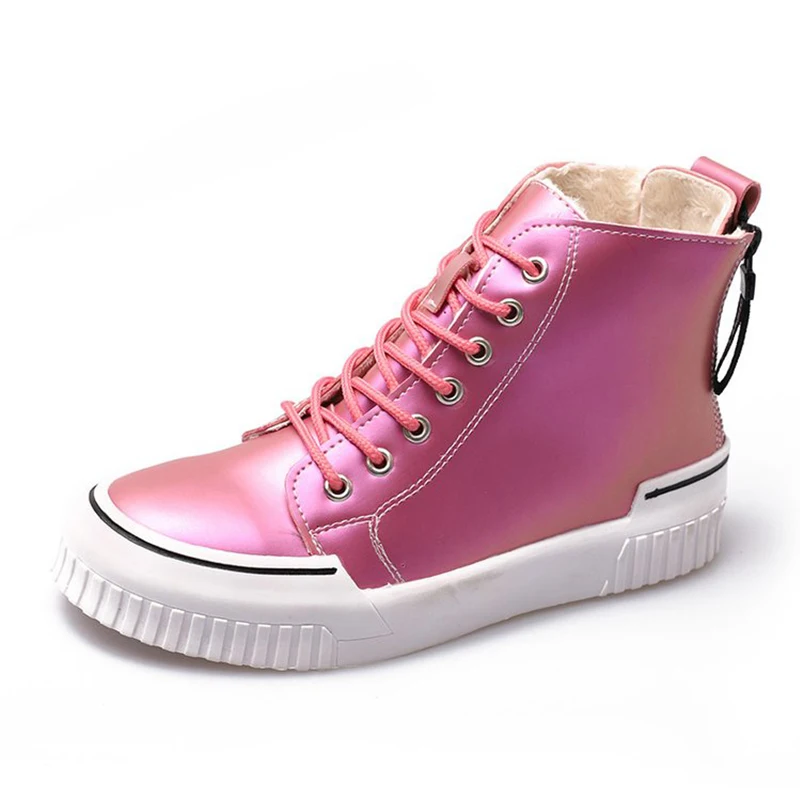 Pink Женские вулканизированные кроссовки из мягкой искусственной кожи на шнуровке; женские повседневные кроссовки на молнии; теплая короткая плюшевая женская обувь на платформе с мехом - Цвет: Pink