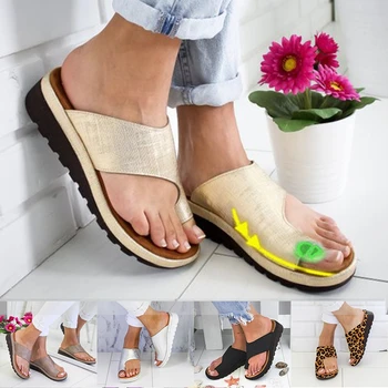 

Women PU Leather Shoes Comfy Platform Flat Sole Lady Casual Soft Toe Foot Orthopedic Bunion Corrector Peep Toe Flat Sandals 2020