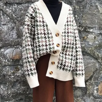 

Sweater autumn plaid knitted jacket Korean cardigan new women's long section loose lazy