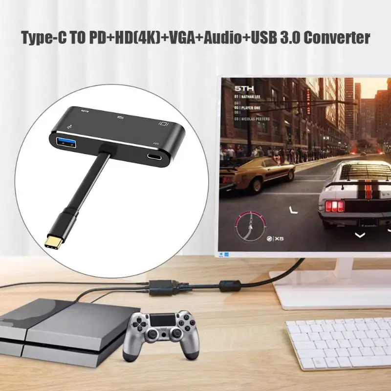 Alloet 5 в 1 USB концентратор TYPE-C до 4 к HDMI VGA 3,5 мм разъем аудио USB3.0 PD конвертер адаптер USB3.0 к HDMI VGA разъем